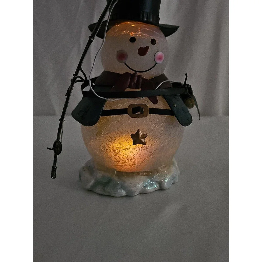 Kirkland's Fishing Snowman Collectible Lighted Crackle Glass Holiday Decor